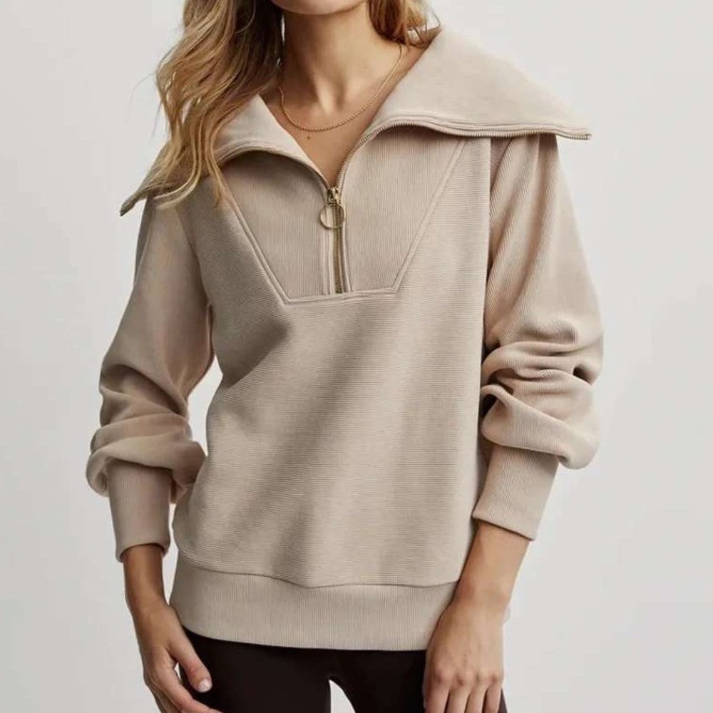 Varley 2X Vine Half Zip Ottoman Ribbed Pullover‎ Sweatshirt Beige VAR00485A